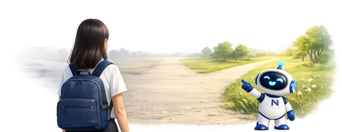 Một học sinh đeo ba lô cùng linh vật Ngành Học đi trên con đường trong công viên.